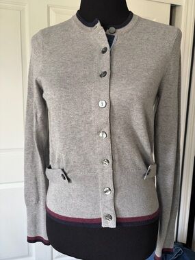 Brooks Brothers Gray Crewneck Button Cardigan with Navy and Burgundy Trim